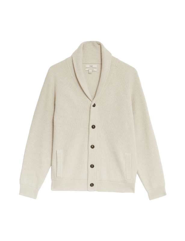 Cotton Blend Ribbed Shawl Collar Cardigan