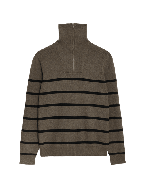 Cotton Blend Striped Half Zip Jumper