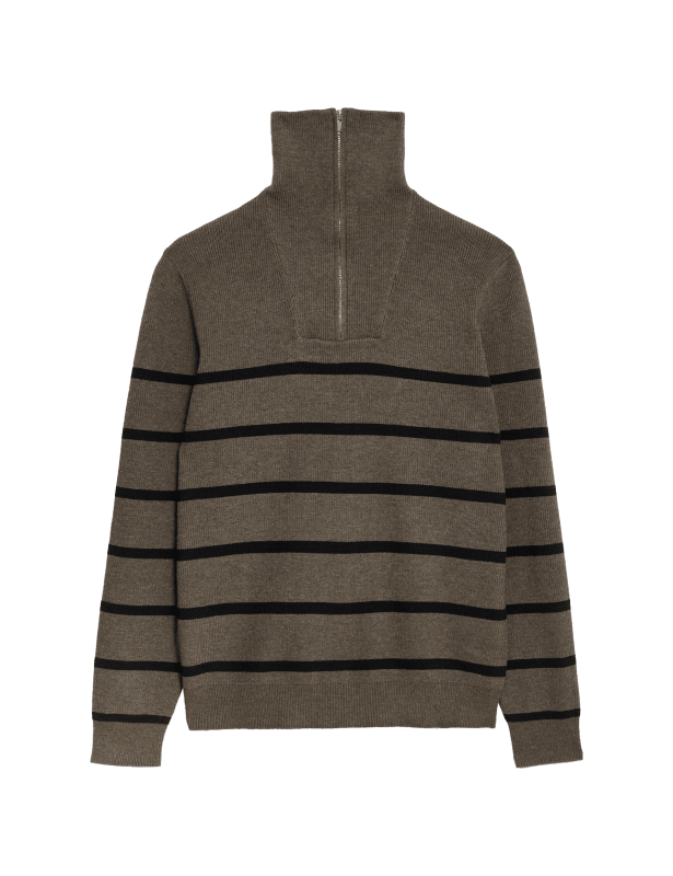 Cotton Blend Striped Half Zip Jumper