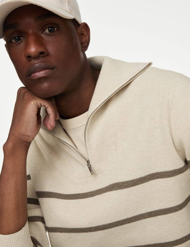 Cotton Blend Striped Half Zip Jumper