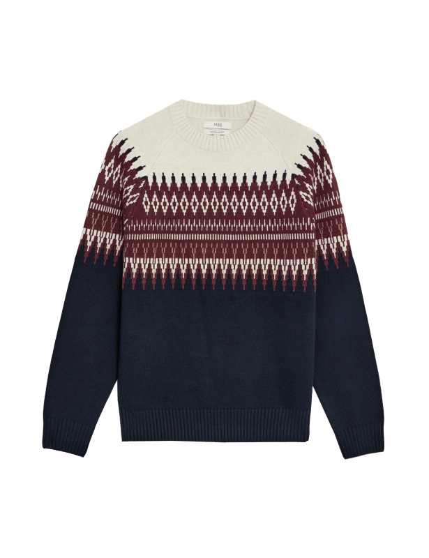 Cotton Blend Fair Isle Crew Neck Jumper