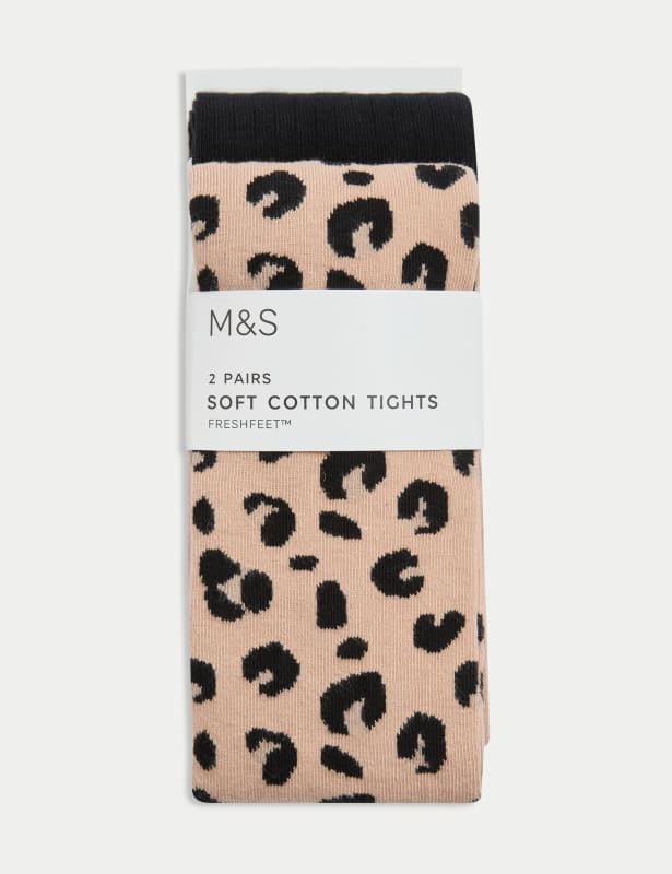 2pk Cotton Rich Leopard Ribbed Tights (2-14 Yrs)