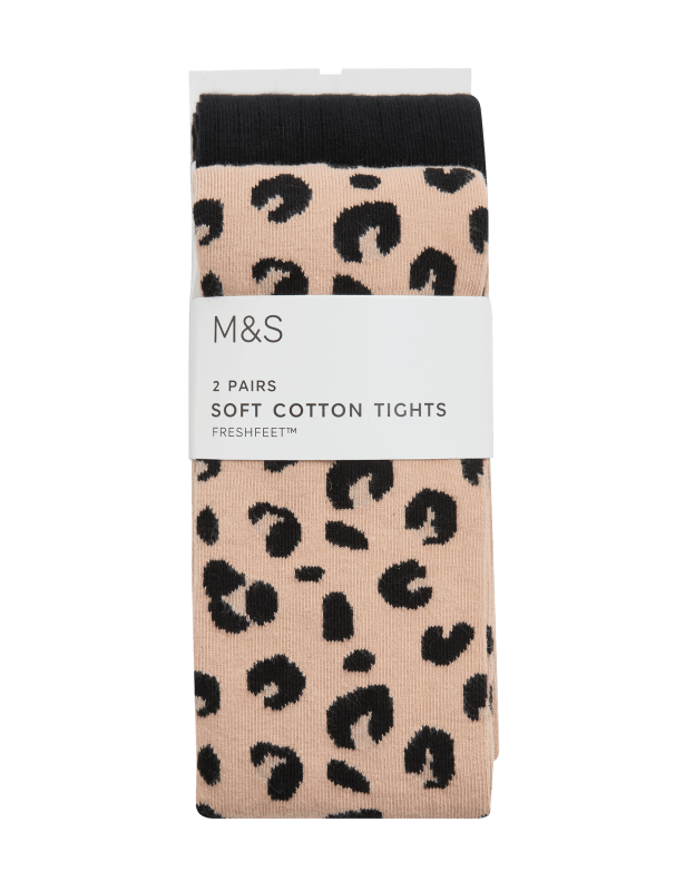 2pk Cotton Rich Leopard Ribbed Tights (2-14 Yrs)