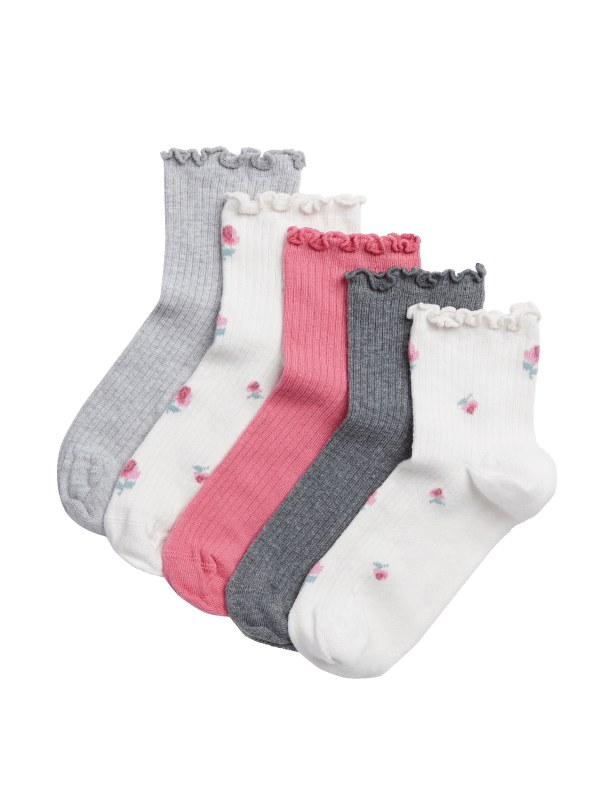 5pk Cotton Rich Floral Ribbed Socks (6 Small - 7 Large)