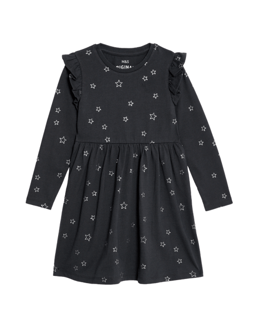 Pure Cotton Foil Star Frill Sleeve Dress (2-8 Yrs)