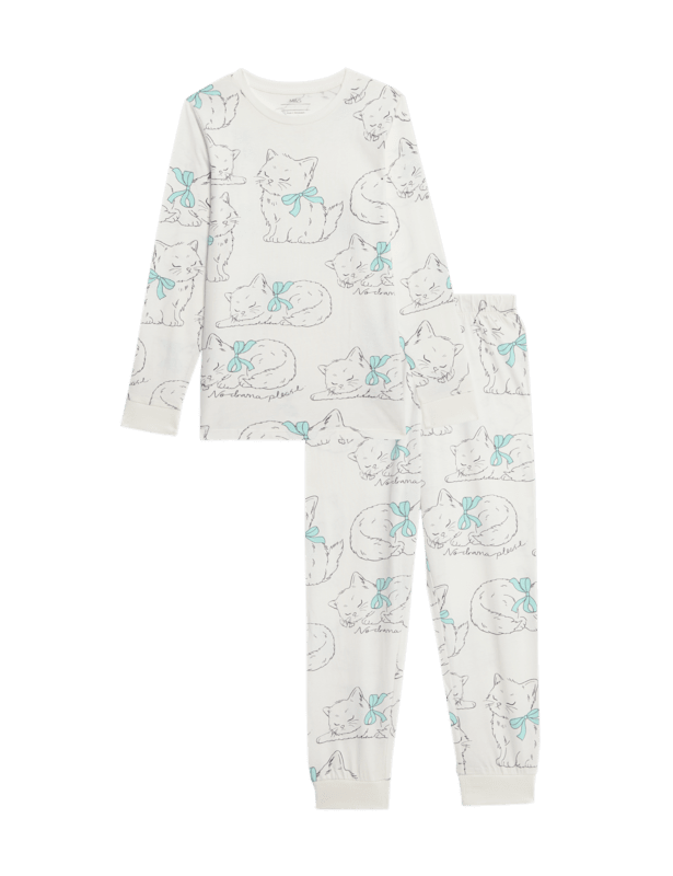 Pure Cotton Cat Print Pyjamas (1-14 Yrs)