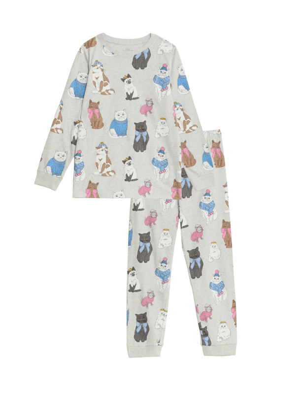 Pure Cotton Cat Print Pyjamas (6-16 Yrs)