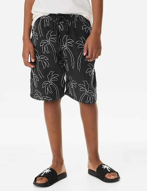 Pure Cotton Textured Palm Tree Shorts (2-16 Yrs)