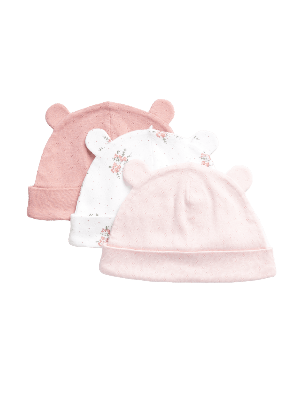 3pk Pure Cotton Floral Hats (0-1 Yrs)