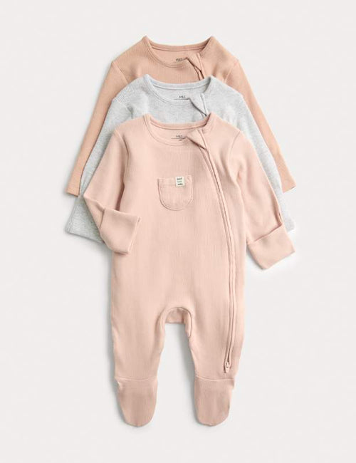 3pk Cotton Rich Ribbed Sleepsuits (6½lbs-3 Yrs)