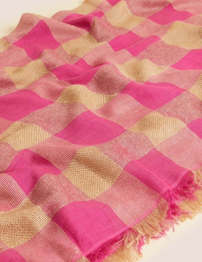 Checked Fringed Scarf with Wool
