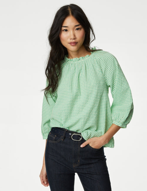 Pure Cotton Gingham Ruffle Blouse