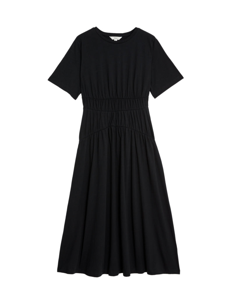 Jersey Shirred Midi Waisted Dress