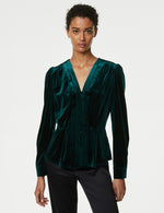 Velvet V-Neck Pintuck Blouse