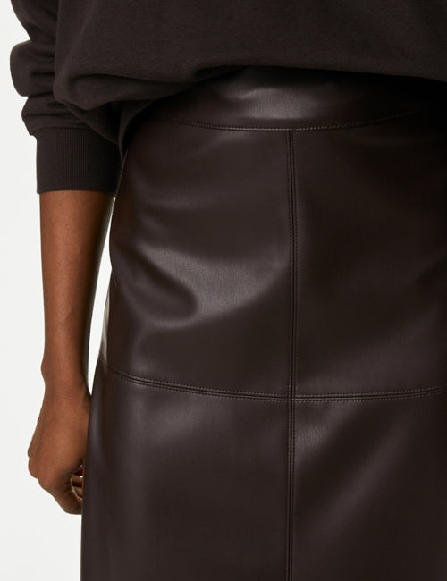 Leather Look Seam Detail Midi A-Line Skirt