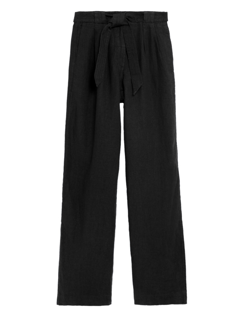 Pure Linen Belted Wide Leg Trousers