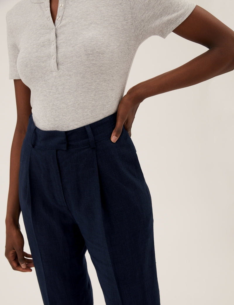 Linen Blend Pleat Front Tapered Trousers