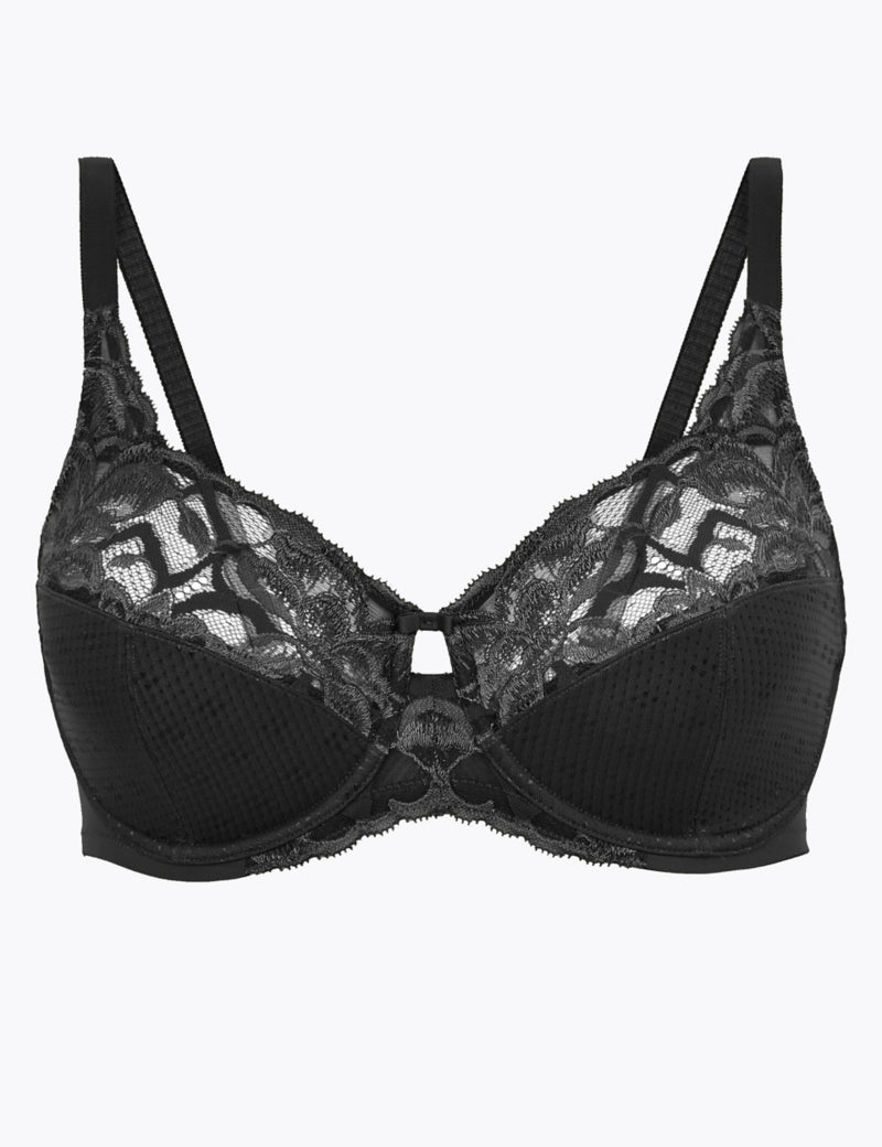 M&S Black Mix Wild Blooms Underwired Full Cup Bra No padding Lace tops to  cups