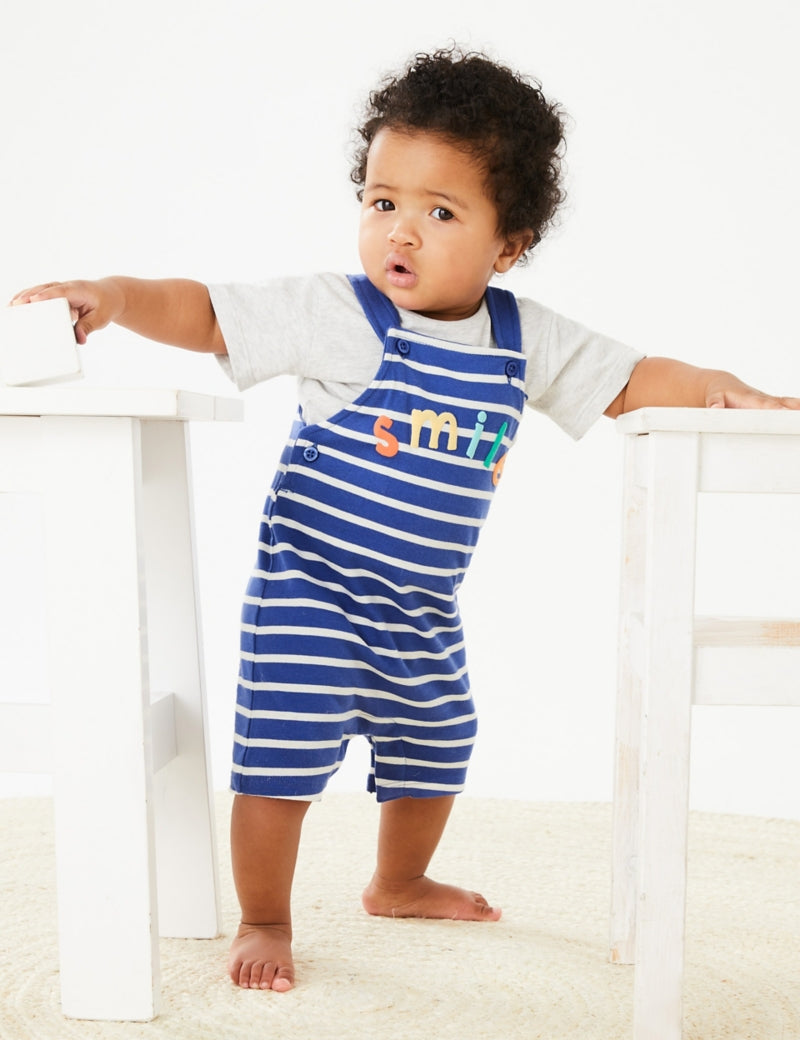Pure Cotton Smile Slogan Striped Dungarees (0-3 Yrs)
