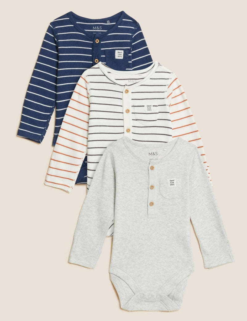 3pk Pure Cotton Striped & Plain Bodysuits (6½lbs-3 Yrs)